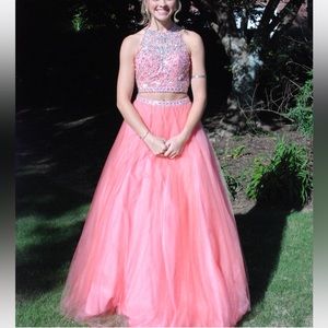 Blush prom salmon pink 2 piece dress with beading and back detail